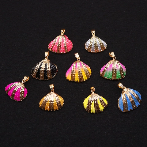Natural Scallop Shell Pendant Gold Plated Edge Dyed Marine Sea Snail Shell Charms For DIY Necklace Jewelry Making Findings