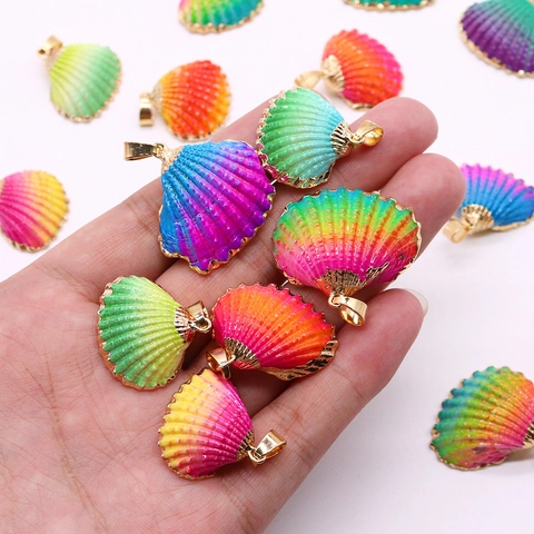 Electroplated Gold Edge Gradient Rainbow Scallop Shell Pendant Natural Sea Shell Charm For DIY Jewelry Making Accessories