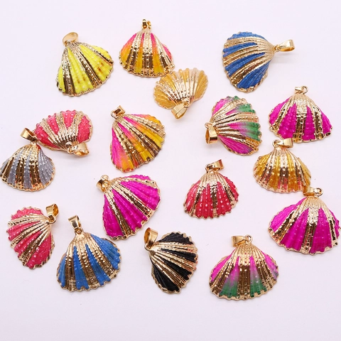 Natural Shell Scallop Pendant With Gold Plated Copper Edge Enamel Conch Charms For DIY Jewelry Making Necklace Accessories