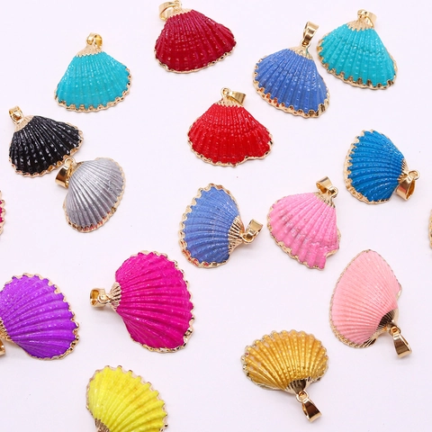 Natural Dyed Scallop Shell Pendant With Gold Plated Copper Edge Ocean Style Sea Snail Charms For DIY Jewelry Making Gift