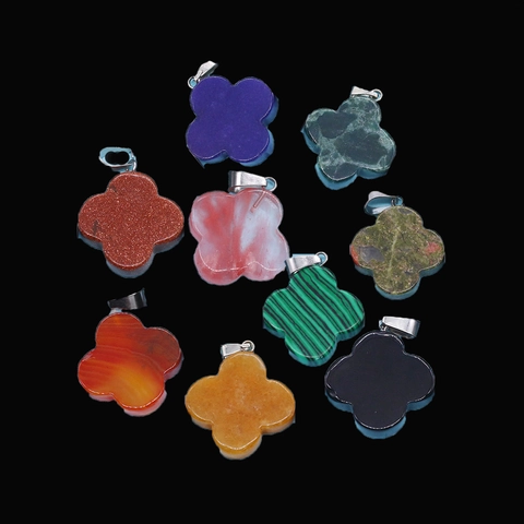 Natural Stone Four Leaf Clover Flower Pendant Alloy Clasp Polished Crystal Quartz Agate Pendants For DIY Necklace Jewelry Making Findings For Women