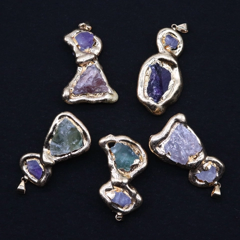 Unregelmäßige Naturstein-Anhänger Galvanisiertes Kupfer Umhüllt Amethyst Quarz Kristall Charms Für DIY Schmuckherstellung