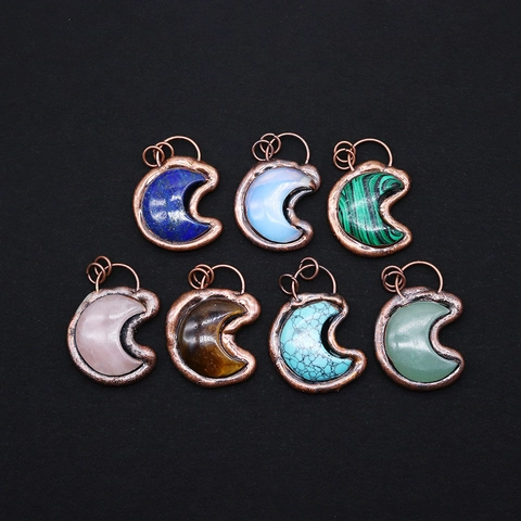Vintage Crescent Moon Pendant Natural Stone Copper Plated Bohemian Charms For Necklace Making DIY Jewelry Findings Craft