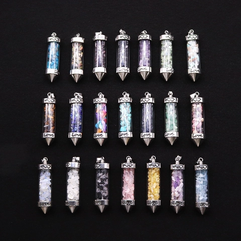 Bullet Shape Natural Stone Chip Pendant Electroplated Copper Love Heart Engraved DIY Necklace Charm Jewelry Making Accessory