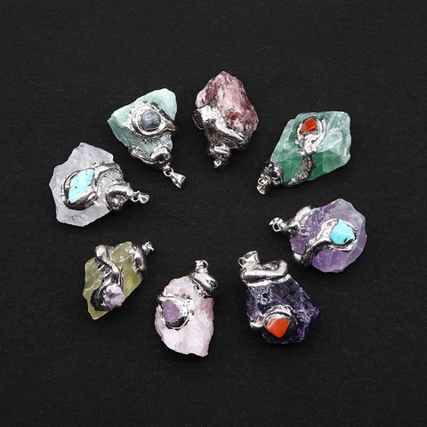 Natural Raw Stone Pendants Irregular Crystal Wrapped Alloy Charms For DIY Necklace Jewelry Making Men Women Gift
