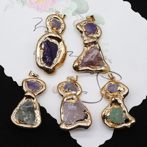 Unregelmäßige Naturstein-Anhänger Galvanisiertes Kupfer Umhüllt Amethyst Quarz Kristall Charms Für DIY Schmuckherstellung