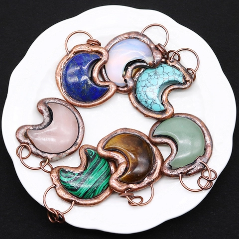 Vintage Crescent Moon Pendant Natural Stone Copper Plated Bohemian Charms For Necklace Making DIY Jewelry Findings Craft
