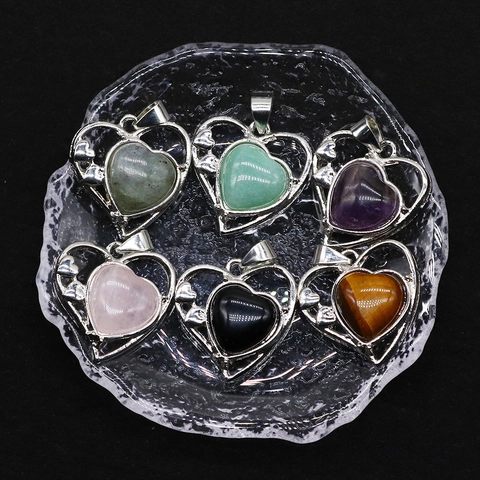 Natuursteen Hanger Hartvorm Met Verguld Koperen Houder Voor DIY Ketting Sieraden Maken Edelsteen Charme Accessoire