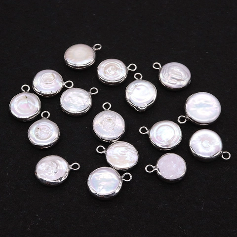 Natural Freshwater Pearl Pendant With Electroplated Copper Edge Round Flat Button Pearl For DIY Jewelry Making Accessories