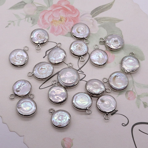 Natural Freshwater Pearl Round Flat Baroque Pendant Silver Plated Copper Edged Charms For DIY Jewelry Making Accessories