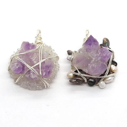 Natürlicher Amethyst Süßwasserperle Drahtumwickelt Anhänger Unregelmäßiger Rohstein Bohemian DIY Schmuckzubehör Nur Anhänger