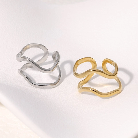 Minimalist Wave Stainless Steel Ring Asymmetric Open Adjustable Geometric Line Fashion Jewelry For Women