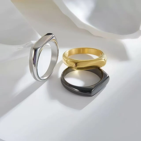 Minimalist Titanium Steel Signet Ring Rectangular Flat Top Polished Band For Women Men Unisex Simple Jewelry