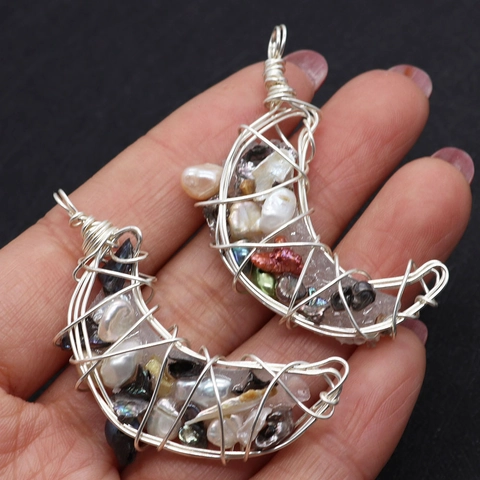Natural Freshwater Pearl Crescent Moon Pendant Irregular Baroque Pearl Natural Stone Wire Wrapped Pendant Only Jewelry Making Accessory