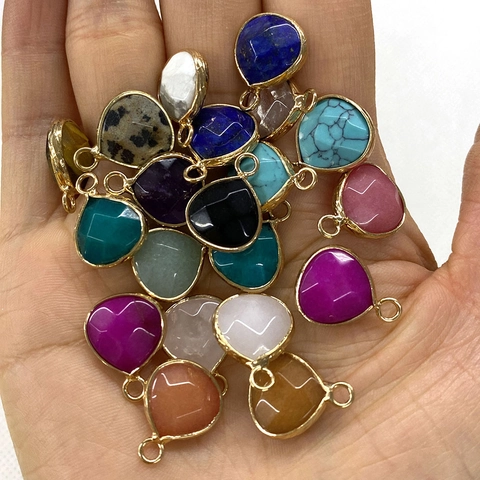 Natural Stone Faceted Teardrop Pendant With Gold Plated Alloy Edge Water Drop Charm For DIY Jewelry Making Necklace Earrings Tiger Eye Lapis Lazuli Amethyst