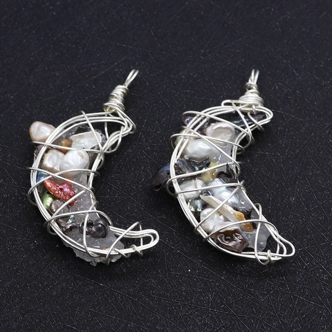 Natural Freshwater Pearl Crescent Moon Pendant Irregular Baroque Pearl Natural Stone Wire Wrapped Pendant Only Jewelry Making Accessory