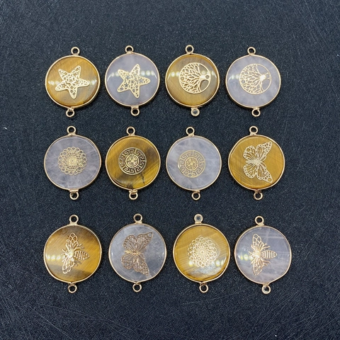 Natural Tiger Eye Rose Quartz Round Pendants Golden Alloy Hollow Tree Of Life Butterfly Bee Star Fish Animal Charms DIY Jewelry Connectors