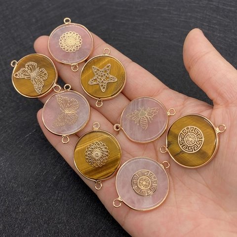 Natural Tiger Eye Rose Quartz Round Pendants Golden Alloy Hollow Tree Of Life Butterfly Bee Star Fish Animal Charms DIY Jewelry Connectors