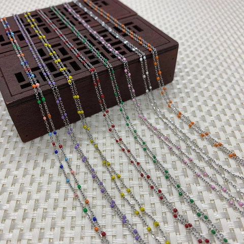 Stainless Steel Oval O Link Chain With Colorful Enamel Beads For DIY Jewelry Making Bracelets Necklaces Trendy Beaded Chain