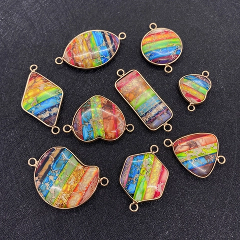 Natural Stone Imperial Jasper Rainbow Colorful Connector Pendant With Gold Alloy Bezel Double Loops For DIY Jewelry Making