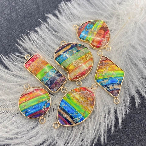 Natural Stone Imperial Jasper Rainbow Colorful Connector Pendant With Gold Alloy Bezel Double Loops For DIY Jewelry Making