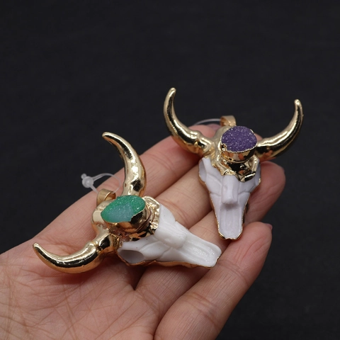 Bohemian Bull Head Pendant Resin Natural Druzy Stone Inlay Gold Plated Bull Horn Skull Charm For Jewelry Making DIY Findings