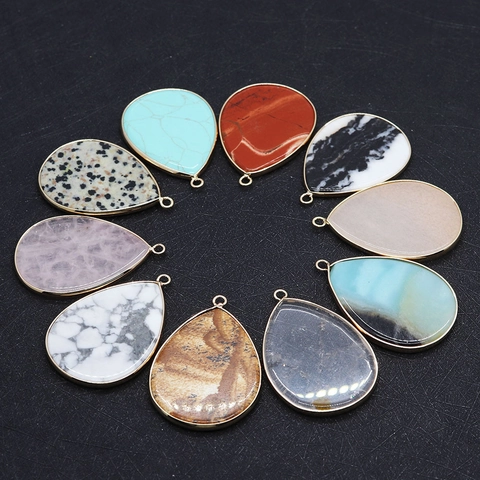 Natural Stone Teardrop Pendant Gold Plated Edge DIY Jewelry Accessory Multi Color Gemstone Charms For Necklace Jewelry