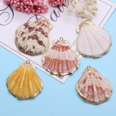 Pendentifs Coquille Saint-Jacques Naturelle Bordure Plaqué Or Couleurs Mixtes Breloques pour Fabrication de Bijoux DIY Collier Boucles d'Oreilles