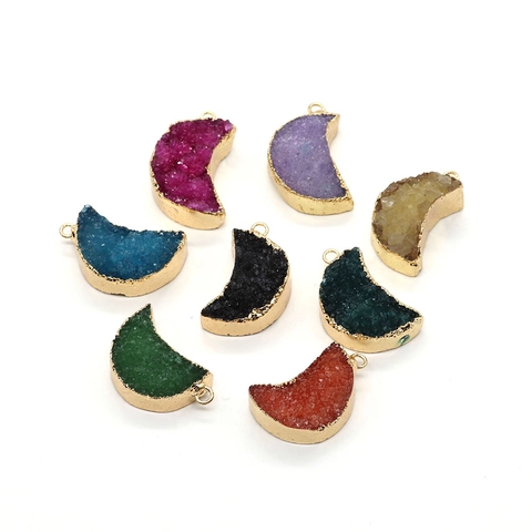 Pendentif Croissant de Lune en Pierre Naturelle Druzy Avec Bordure Dorée Pour Création de Bijoux Collier DIY Charm