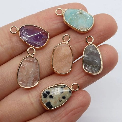 Irregular Natural Stone Pendants With Gold Plated Alloy Wrapped Edge For DIY Jewelry Making Amethyst Rose Quartz Amazonite
