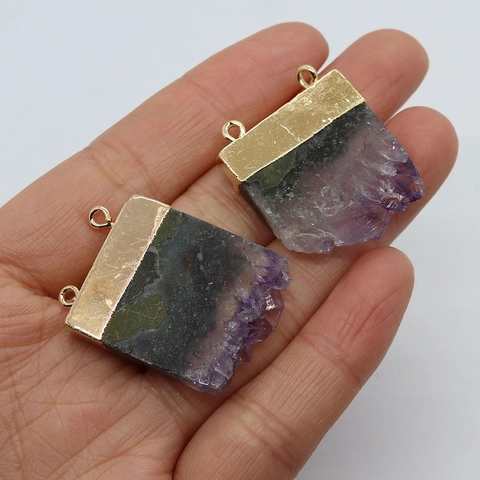 Natural Amethyst Raw Stone Cluster Irregular Flat Slice Pendant Gold Silver Plated Edge Double Hole Connector DIY Jewelry Accessory