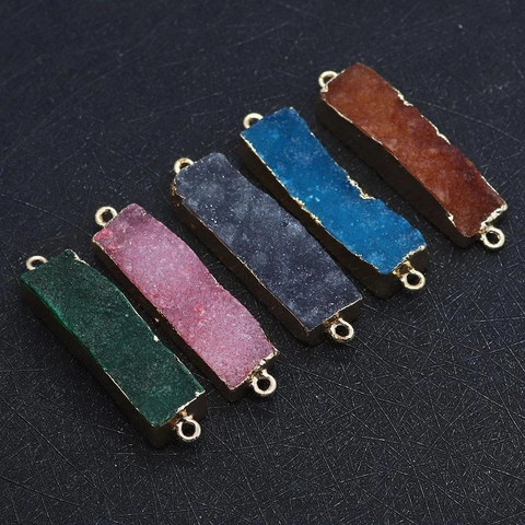 Rectangular Crystal Connector Charms Gold Bezel Druzy Texture Double Ring Natural Stone Pendant For Jewelry Making Handmade Accessories