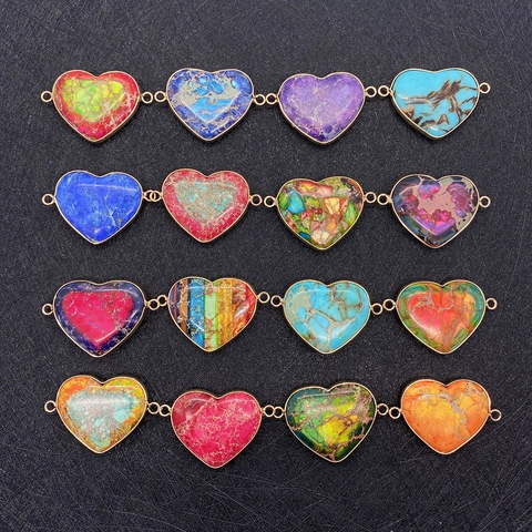 Natural Imperial Jasper Stone Heart Pendant Gold Bezel Set Double Loop Connector For DIY Jewelry Making Colorful Heart Charm