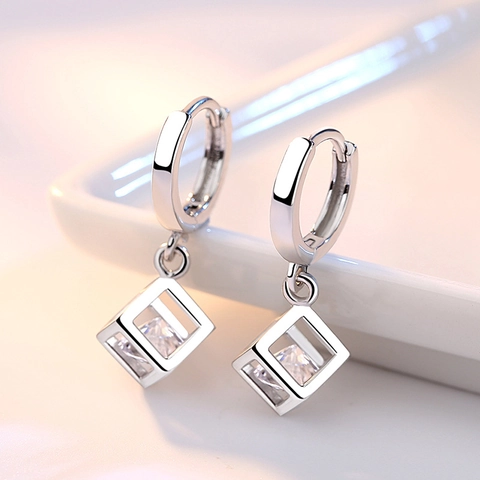 Fashion Copper Silver Plated Geometric Cube Hoop Dangle Earrings With Sparkling Rhinestone For Women Daily Jewelry Gift