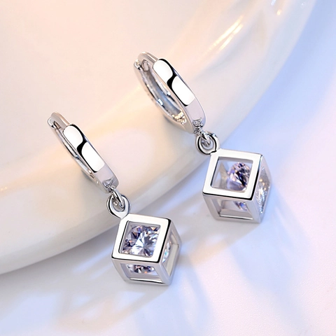 Fashion Copper Silver Plated Geometric Cube Hoop Dangle Earrings With Sparkling Rhinestone For Women Daily Jewelry Gift