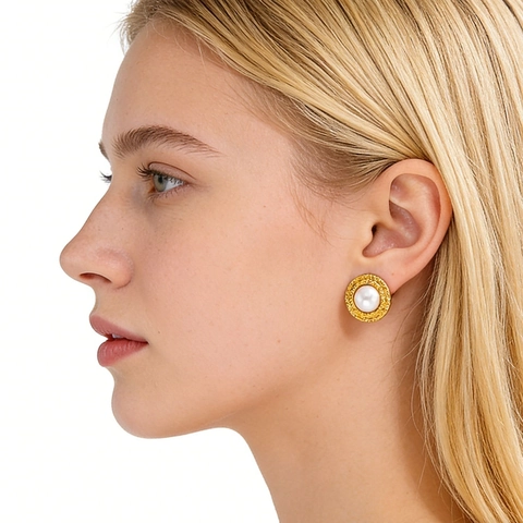 Vintage Stainless Steel Round Textured Artificial Pearl Jewelry Set For Women Gold Plated Snake Bone Chain Necklace Stud Earrings
