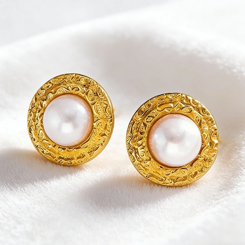 Vintage Stainless Steel Round Textured Artificial Pearl Jewelry Set For Women Gold Plated Snake Bone Chain Necklace Stud Earrings