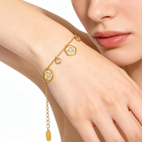 Vintage Französisches Kamelien Schmuckset Für Damen Edelstahl Emaille Tropföl Strass Anhänger Halskette Armband Accessoires