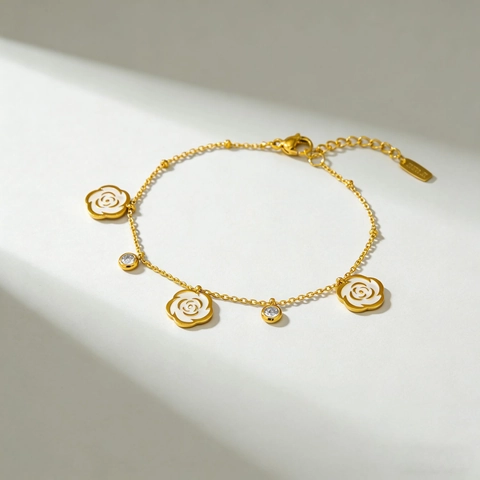 Vintage Französisches Kamelien Schmuckset Für Damen Edelstahl Emaille Tropföl Strass Anhänger Halskette Armband Accessoires
