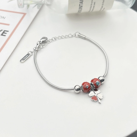 Edelstahl Vierblättriges Kleeblatt Armband Für Damen Emaille Transferperlen Schlangenkette Verstellbar Modeschmuck