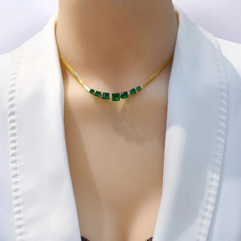 Vintage Edelstahl Schlangenkette Halskette Für Damen Vergoldet Smaragdgrün Strass Künstliches Katzenauge Schmuck