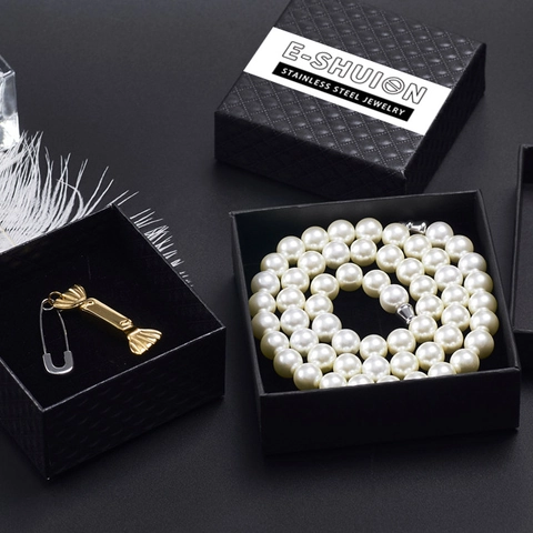 Joyero de Cartón Negro con Patrón de Rombos Estuche para Collares y Pendientes Caja de Embalaje de Regalo