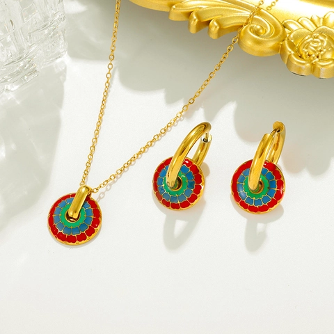 Retro Edelstahl Emaille Schmuckset Bunte Blumen Runde Anhänger Halskette Ohrringe Für Damen Nischen Mode Schmuck