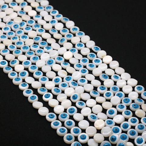 Natural Mother Of Artificial Pearl Evil Eye Loose Beads For DIY Jewelry Making Flat Round Shell Spacer Beads Blue White Nazar Beads