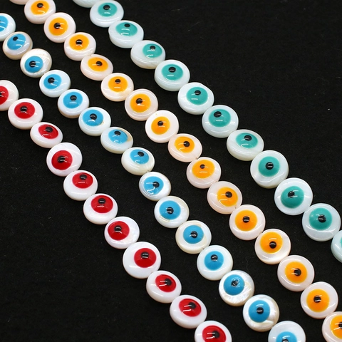 Natural Freshwater Shell Evil Eye Beads 9mm Flat Round Loose Beads For DIY Jewelry Making Bracelet Necklace Nazar Amulet