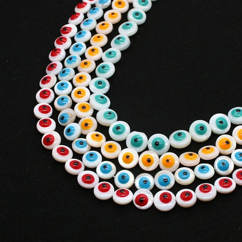 Natural Freshwater Shell Evil Eye Beads 9mm Flat Round Loose Beads For DIY Jewelry Making Bracelet Necklace Nazar Amulet