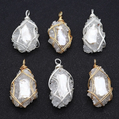 Handmade Freshwater Pearl Natural Quartz Crystal Cluster Wire Wrapped Pendant Bohemian Irregular Stone Jewelry Charm For Women DIY