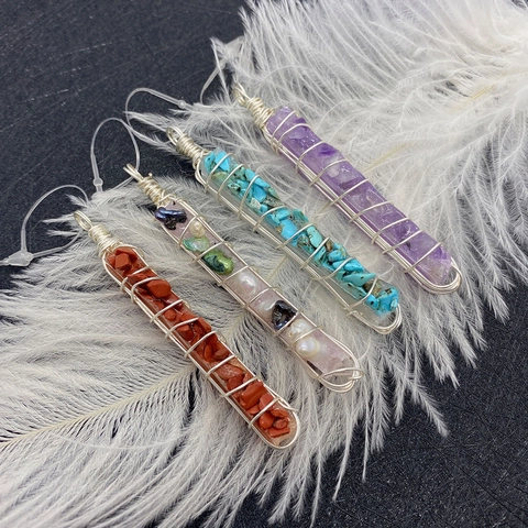 Natural Stone Crystal Rectangle Pendant Hand Wrapped Silver Metal Wire Healing Gemstone For DIY Jewelry Making Women Gift