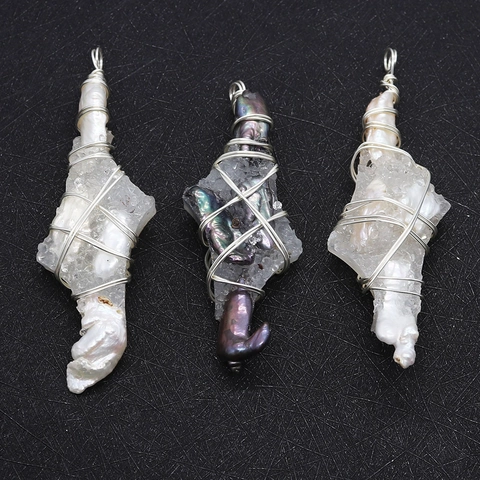 Pendentif Süßwasserperle Baroque Naturelle d'Eau Douce et Cristal Enroulé de Fil Fait Main pour Création de Bijoux DIY Artisan
