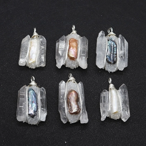 Natural White Crystal Cluster Pendant With Freshwater Pearl Handmade Wire Wrapped Iridescent Freshwater Pearl Pendant Only For DIY Jewelry Making